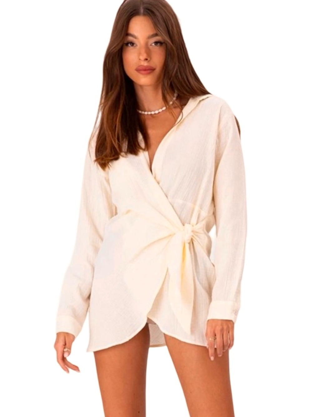 Adika Santiago Wrap Mini Dress Womens Size XS Cream Yellow Long Sleeve Crepe